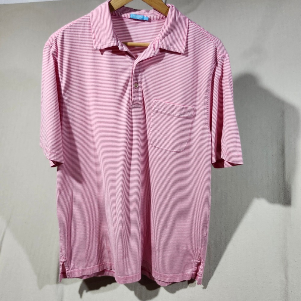 J.McLaughlin Mens Large Pink White Striped Pima Cotton Short Sleeve Polo Shirt